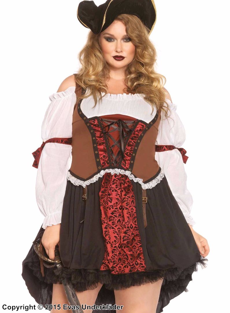 Kvinnlig piratkapten, maskeradklänning med cold shoulder och snörning
